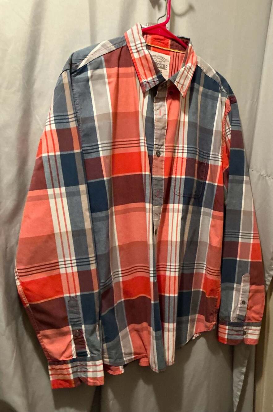 Aéropostale Men's Long Sleeve Button-Up Plaid Shirt, Orange and Blue, Size XL